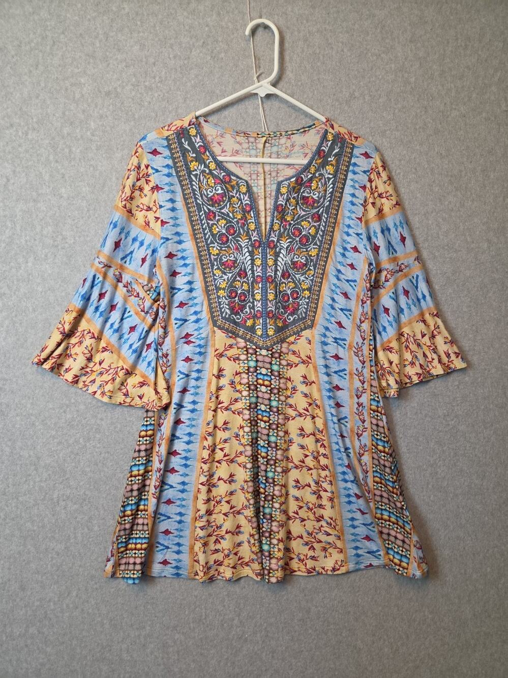 Soft Surroundings Fifi Embroidered Mixed Print Boho Bell Sleeve Tunic Top Large